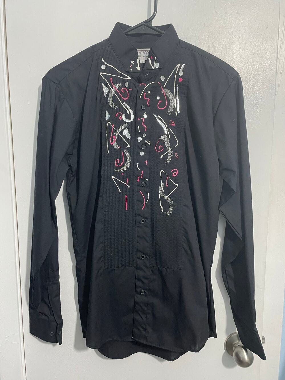 Vintage Wayne Scott Tuxedo Shirt Small Black Handpainted Abstract 80s Glam